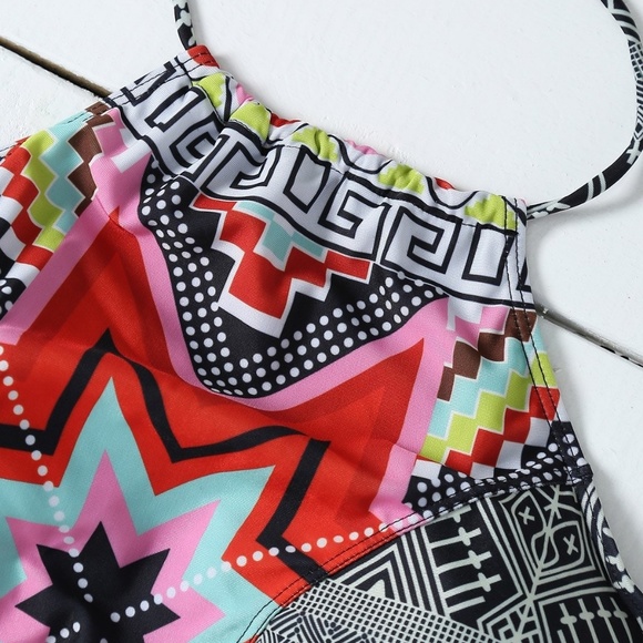 Halter High Neck Geometrical Print Boho Bikini Set - Picture 6 of 8
